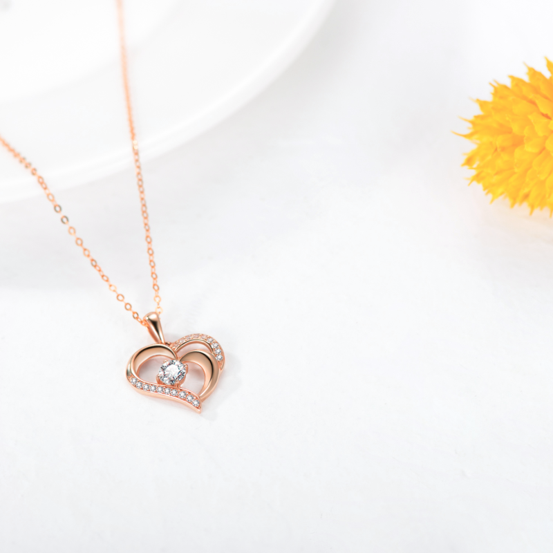10K Roségold Moissanit Herz mit Herz Anhänger Halskette für Frauen-4