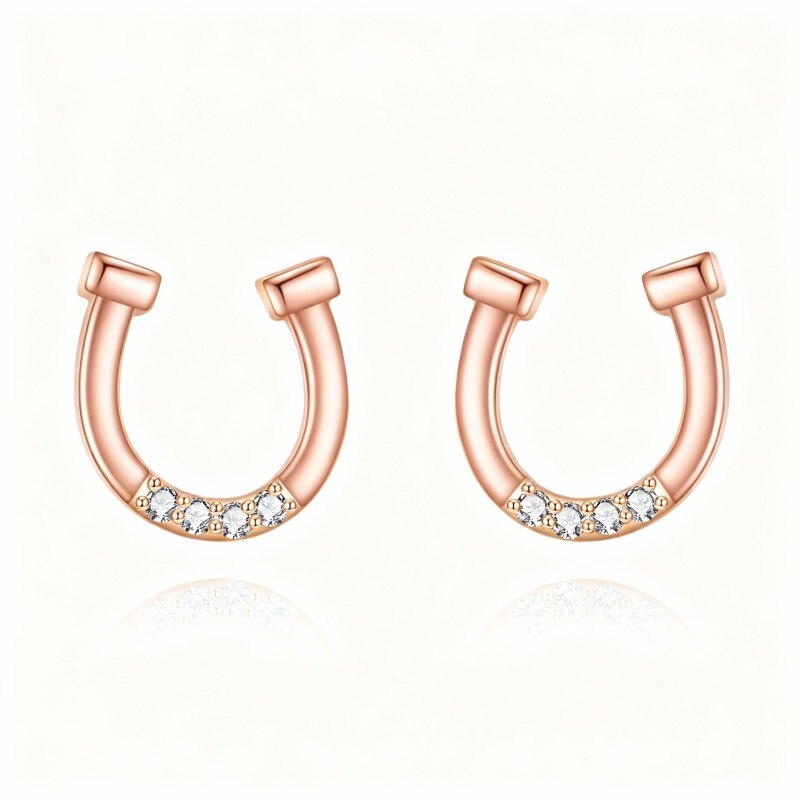 Pendientes de botón con forma de herradura de moissanita en oro rosa de 10 quilates-1