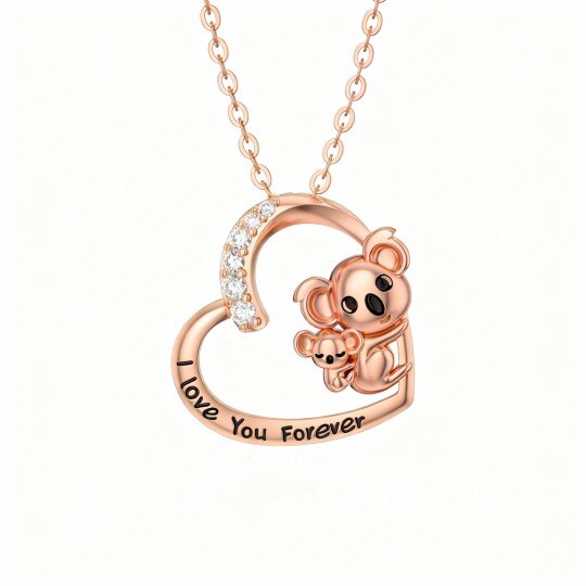 Collier pendentif koala et cœur en or rose 10 carats et moissanite
