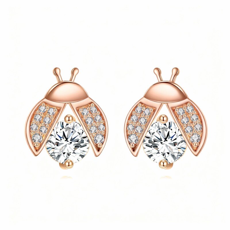 Pendientes de botón de mariquita con moissanita en oro rosa de 18 quilates-1