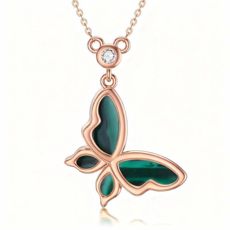 Collier pendentif papillon en or rose 14 carats, moissanite et malachite-1