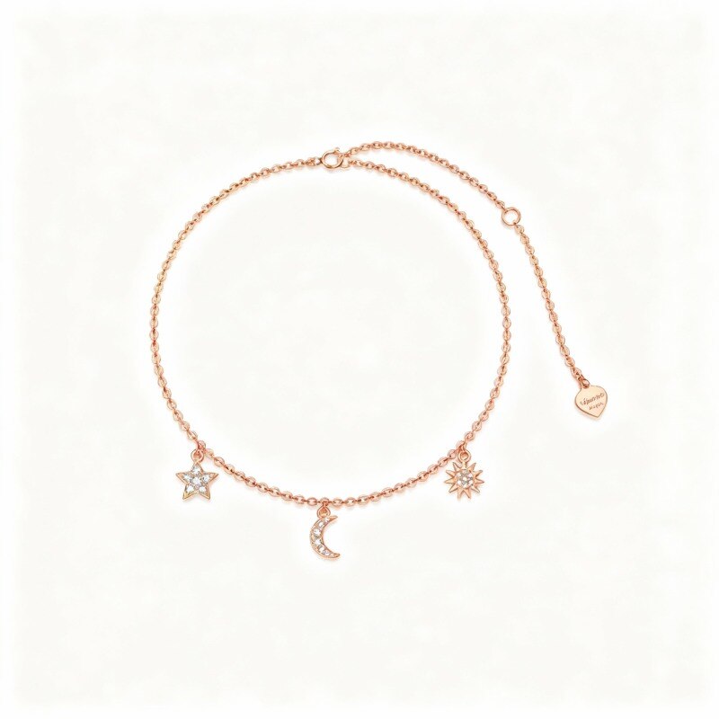 Pulsera de oro rosa de 14 quilates con dije de luna, estrella y sol de moissanita-1