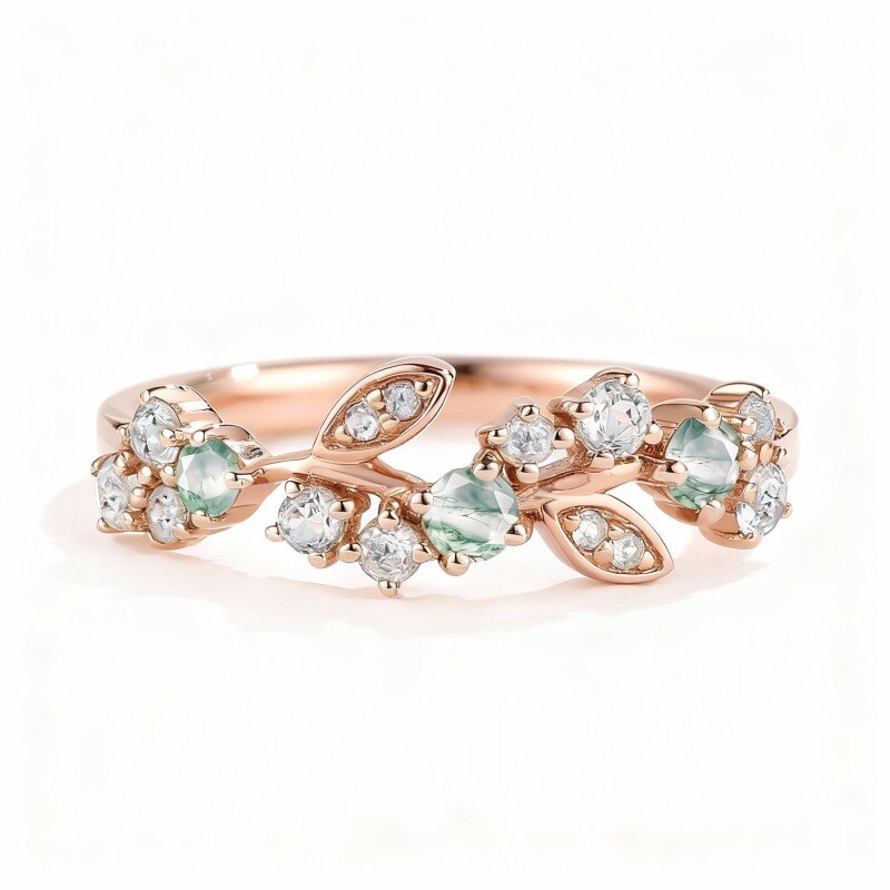 14K Rose Gold Moissanite & Moss Agate Leaves Ring-1