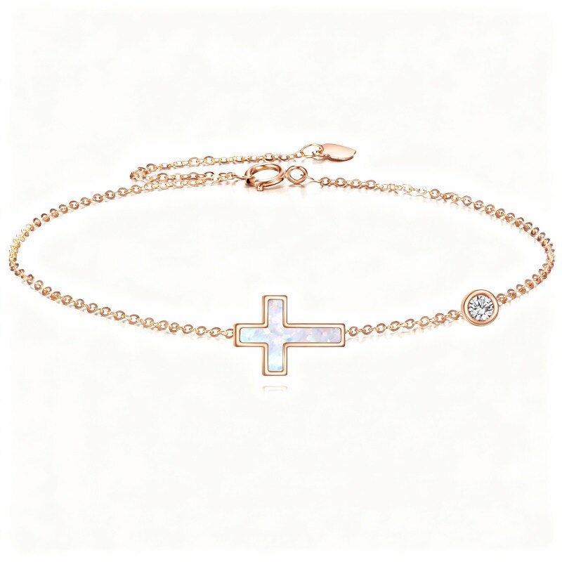 Armband aus 18-karätigem Roségold mit Moissanit- und Opal-Kreuz- und Rundanhänger-1