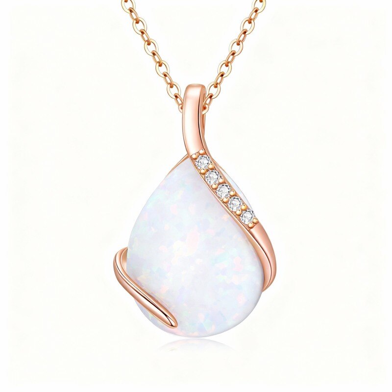 10K Rose Gold Moissanite & Opal Drop Shape Pendant Necklace-1