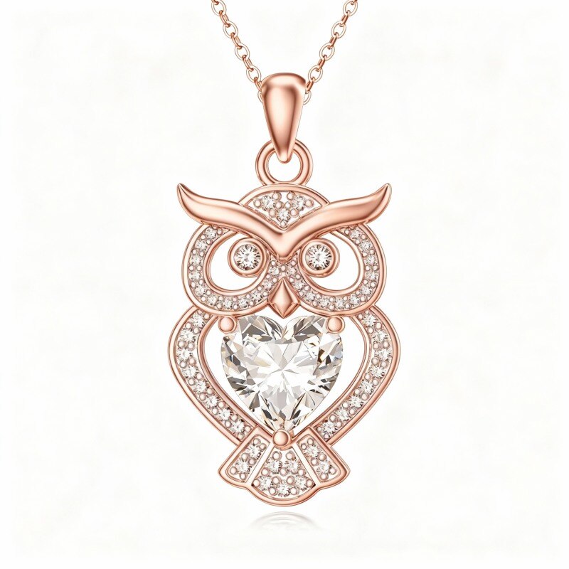 Collier pendentif hibou en or rose 9 carats et moissanite-1
