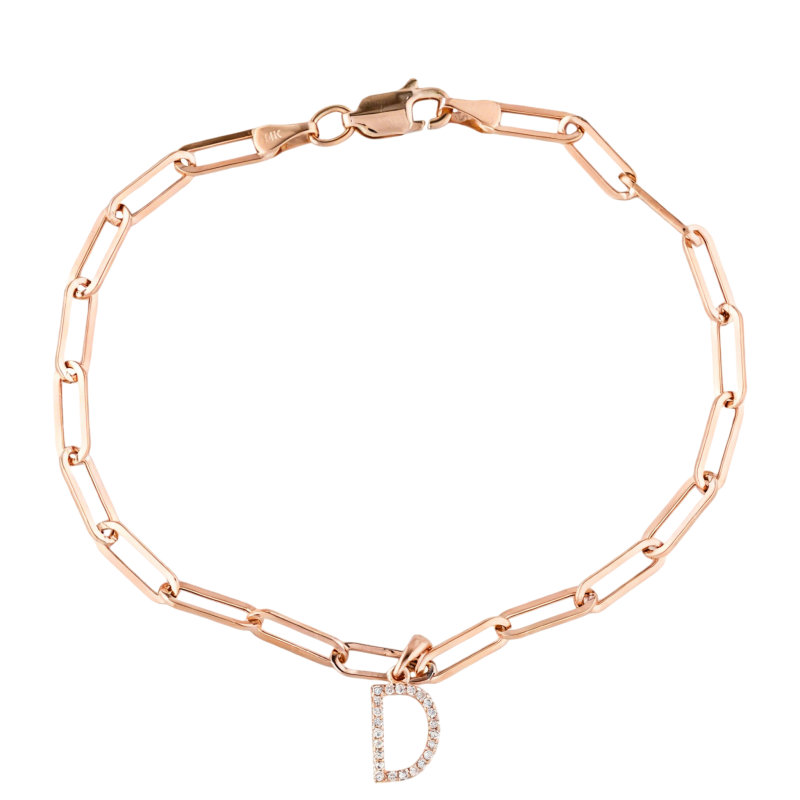 Bracelet trombone en or rose 14 carats avec moissanite et initiale D-1