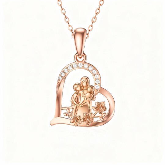 Collier pendentif en or rose 10 carats avec moissanite, représentant des parents, des enfants et un cœur