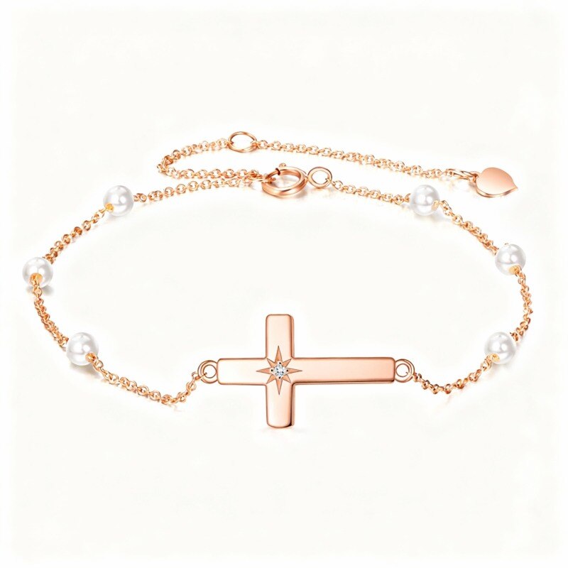 Pulsera con dije de cruz de oro rosa de 10 quilates con moissanita y perlas-1