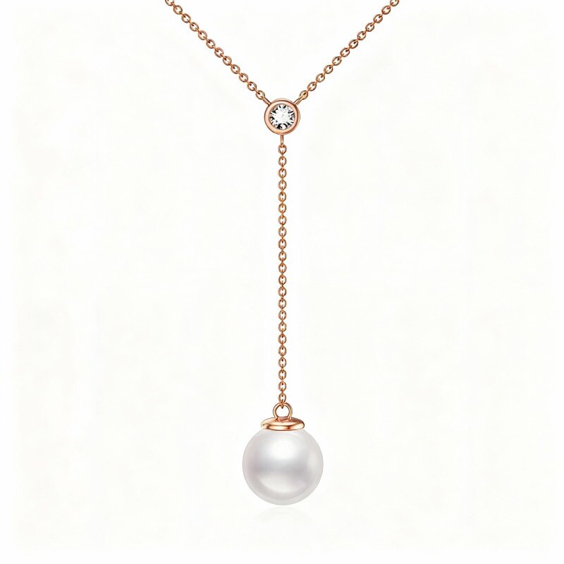 Collar en Y no ajustable de oro rosa de 14 quilates con moissanita y perlas-1