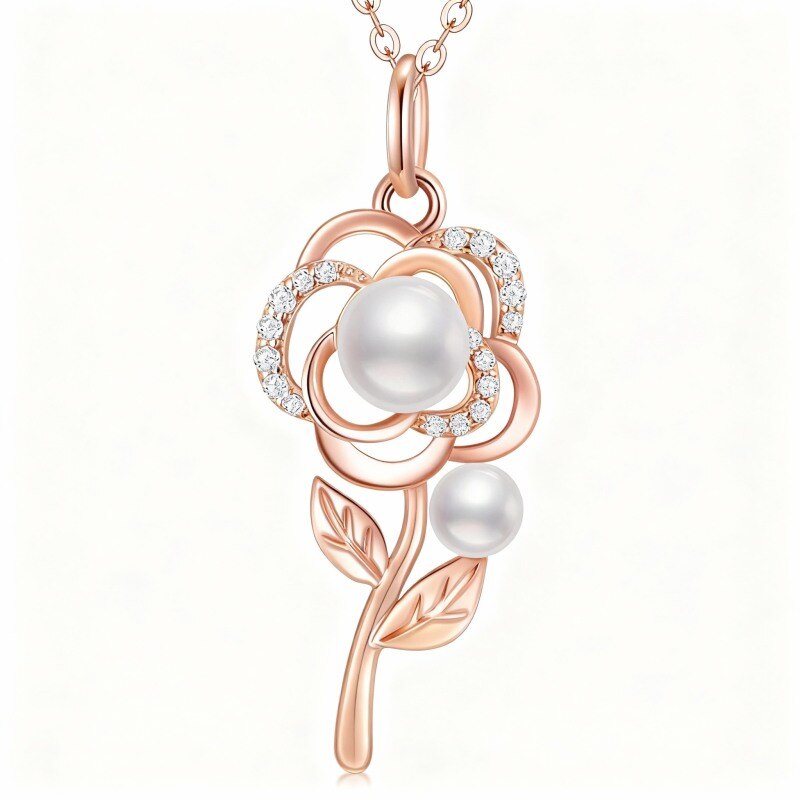 Collar con colgante de rosa de oro rosa de 14 quilates con moissanita y perlas-1