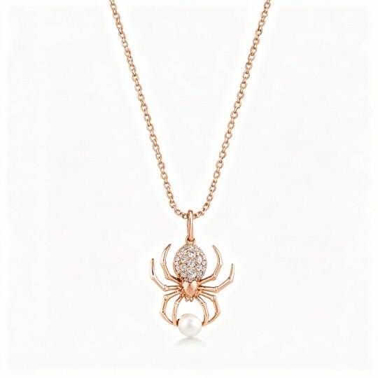 Collar con colgante de araña de oro rosa de 10 quilates con moissanita y perlas