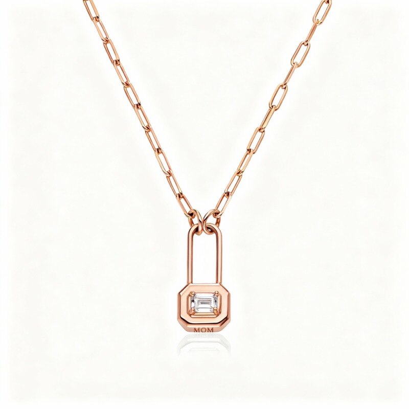 18K Rose Gold Moissanite Personalized Engraving & Lock Pendant Necklace-1