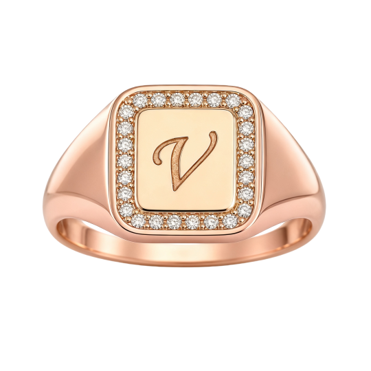 Anillo de sello personalizado con inicial en oro rosa de 10 quilates y moissanita para hombre.