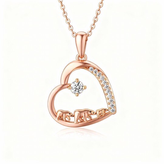 10K Rose Gold Moissanite Polar Bear & Heart Pendant Necklace