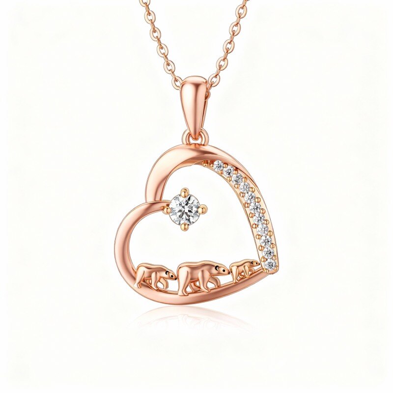 10K Rose Gold Moissanite Polar Bear & Heart Pendant Necklace-1