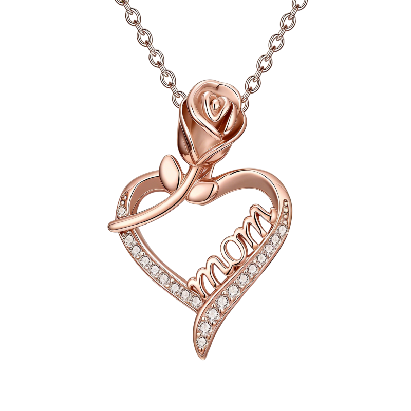 Collier pendentif rose et cœur en moissanite et or rose 10 carats-1