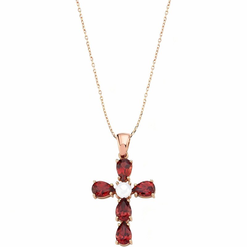 18K Rose Gold Moissanite & Ruby Cross Pendant Necklace-1