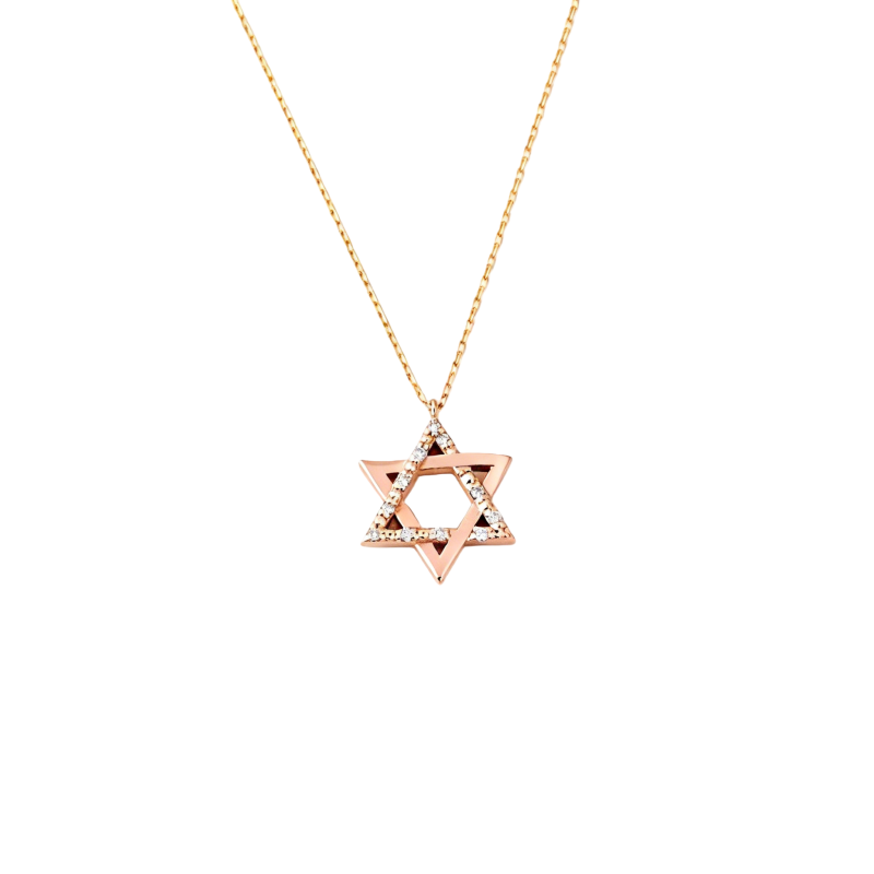 Halskette mit Anhänger in Form eines Davidsterns aus 14-karätigem Roségold mit Moissanit.-1