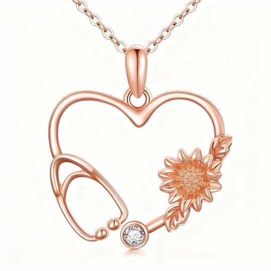 Collier pendentif en or rose 10 carats avec moissanite, tournesol, cœur et stéthoscope