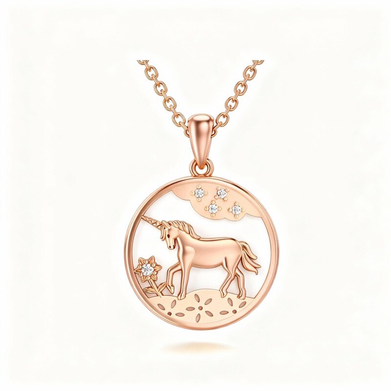 14K Rose Gold Moissanite Sunflower & Unicorn Pendant Necklace-1
