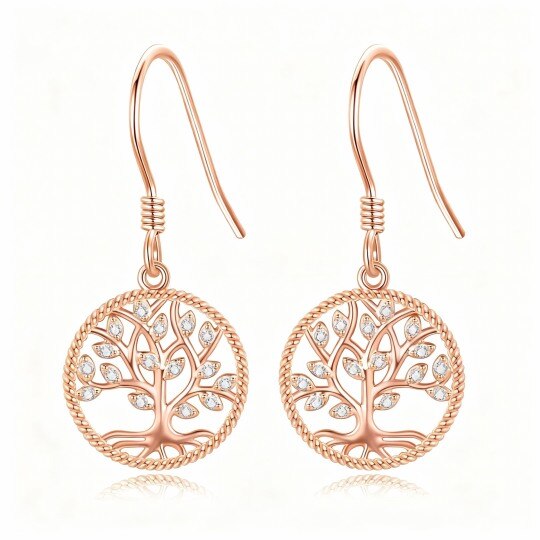 Pendientes colgantes de oro rosa de 10 quilates con forma de árbol de la vida y moissanita
