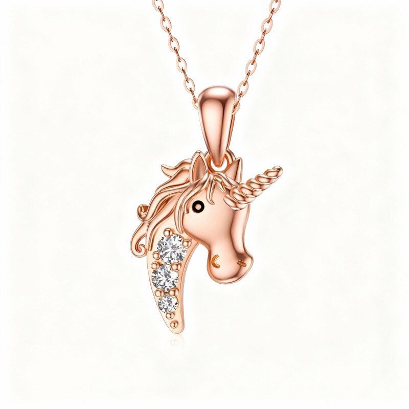 Halskette mit Einhorn-Anhänger aus 10-karätigem Roségold und Moissanit-1