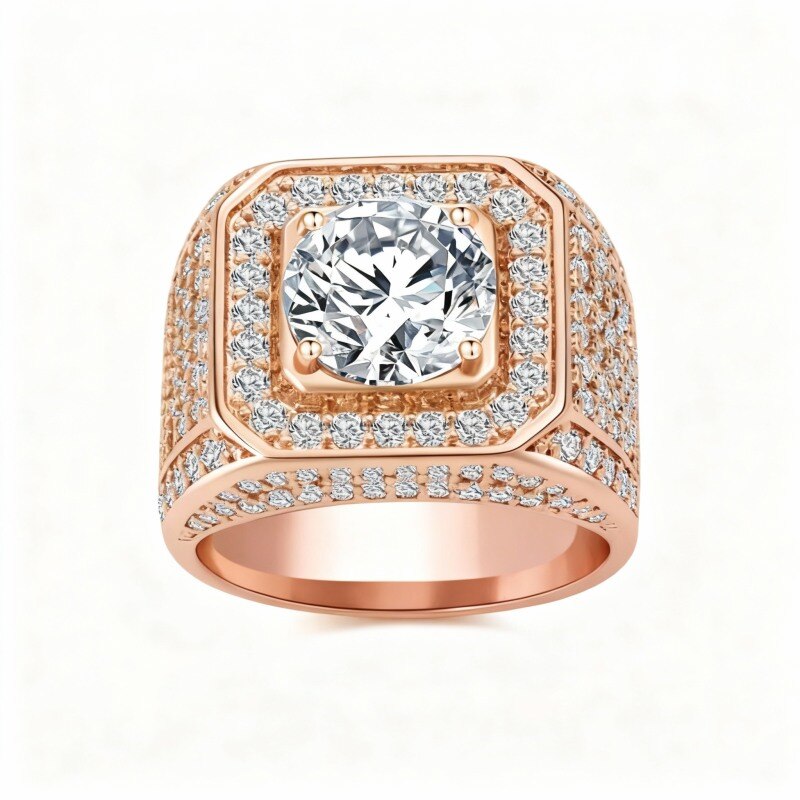 Anillo de oro rosa de 10 quilates con moissanita redonda de 2 quilates para hombre.-7