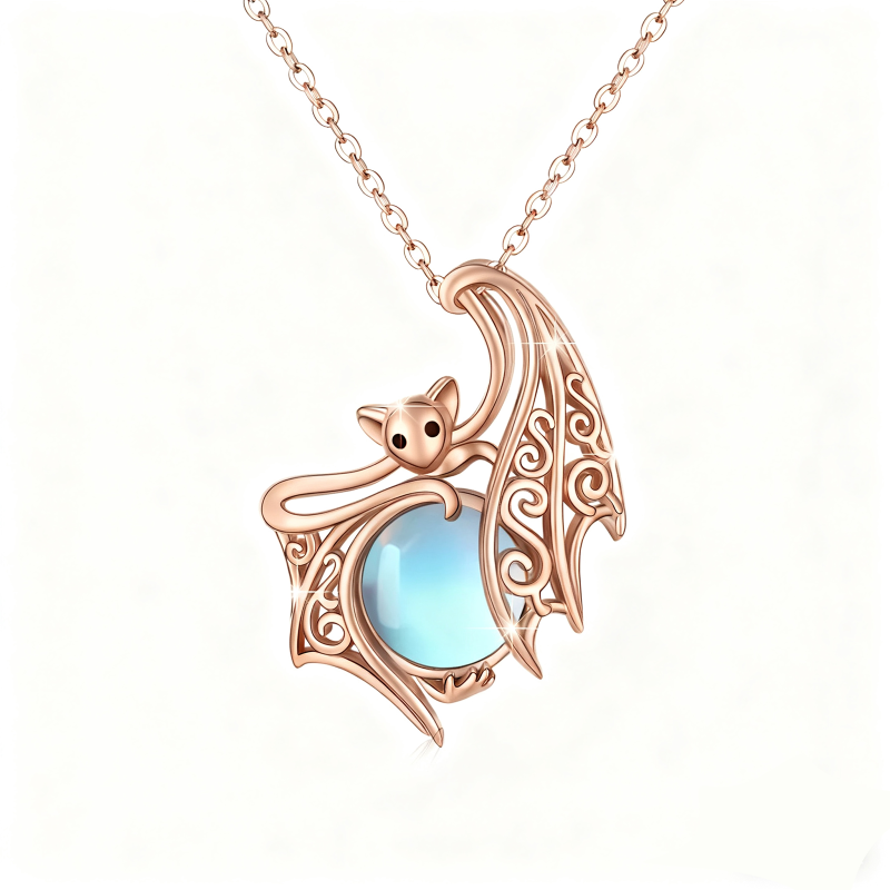 Collier pendentif chauve-souris en or rose 10 carats et pierre de lune-3
