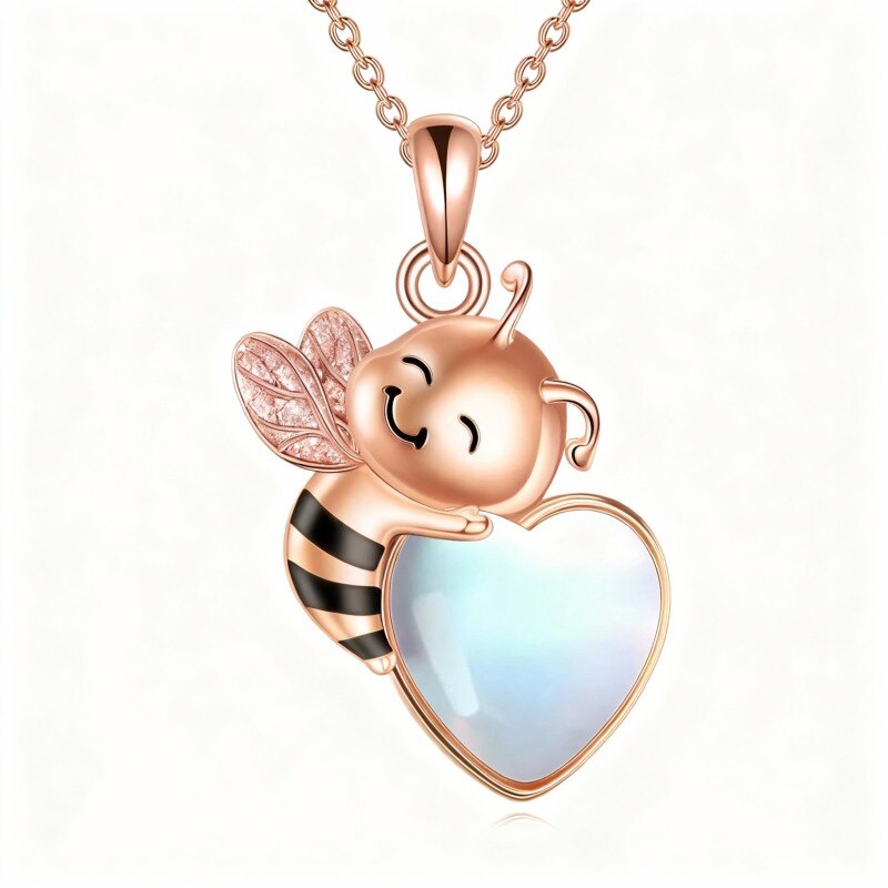 Collar con colgante de abeja y corazón de piedra lunar en oro rosa de 14 quilates-1