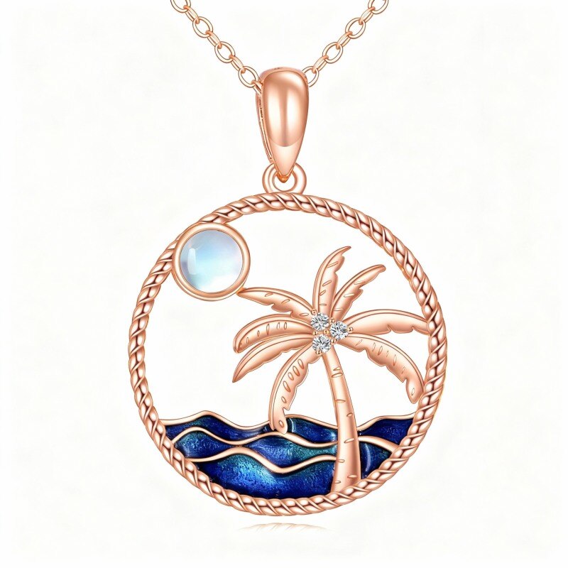 Collar con colgante de árbol de coco, luna y rocío en oro rosa de 10 quilates con piedra lunar-1
