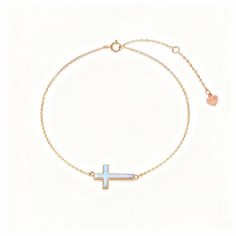 Pulsera con dije de cruz de piedra lunar en oro rosa de 14 quilates-1