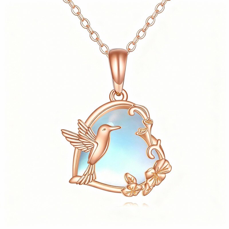Collier pendentif colibri et cœur en or rose 10 carats et pierre de lune-1