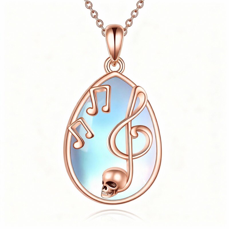 10K Rose Gold Moonstone Music Symbol & Skull Pendant Necklace-4