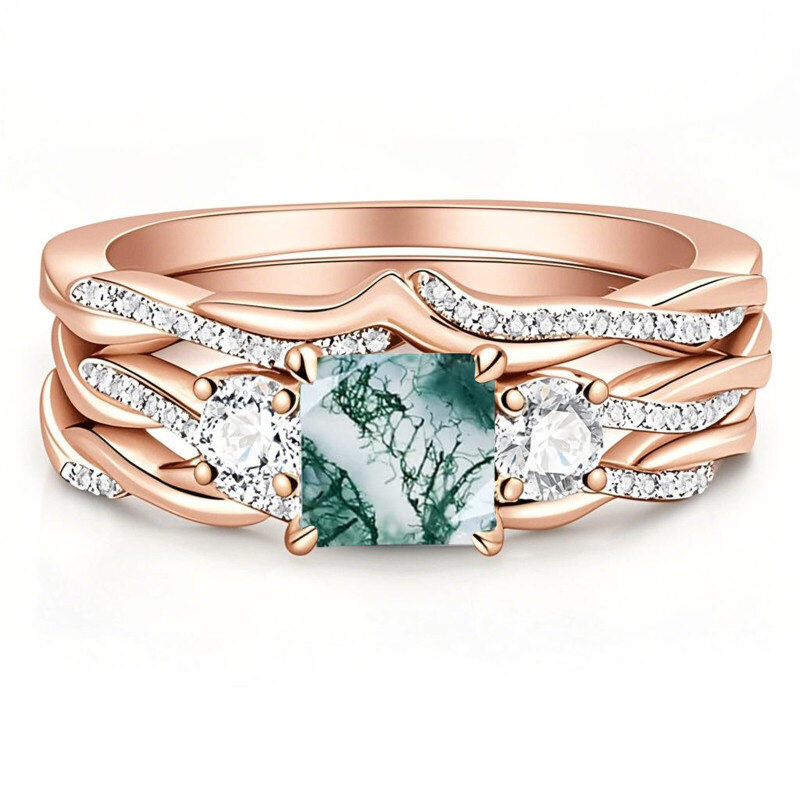 Anillo de ágata musgosa de oro rosa de 10 quilates-1