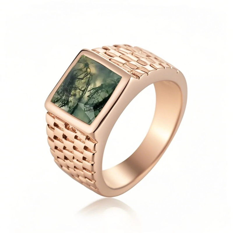 Bague en or rose 14 carats et agate mousse pour homme-1