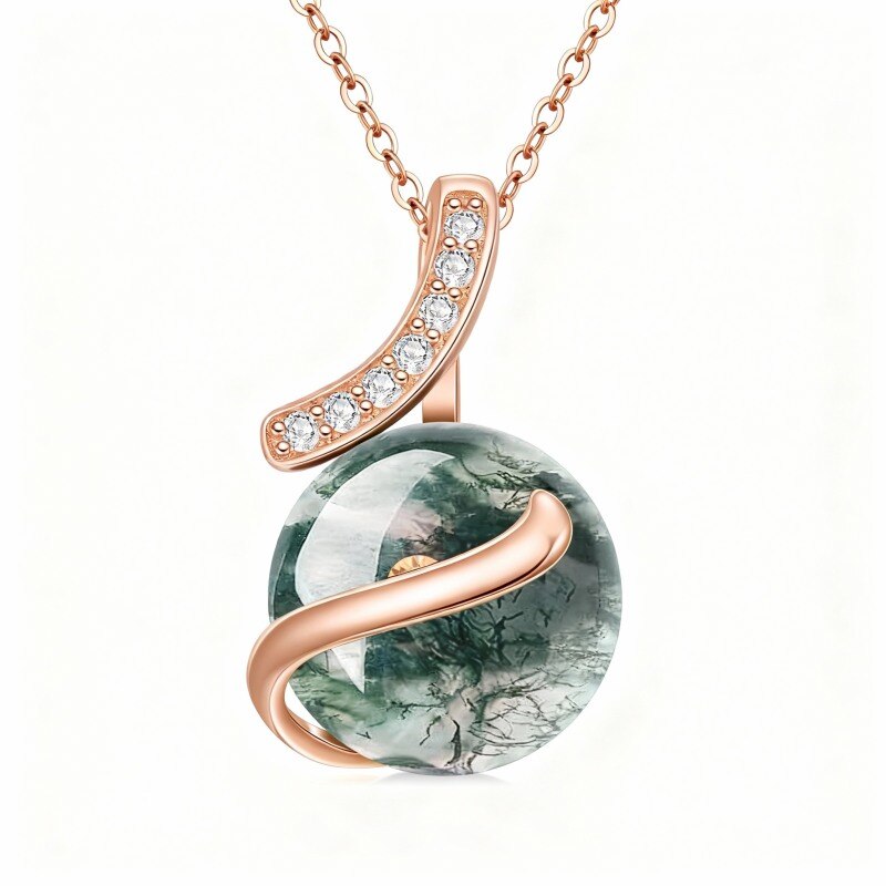 Collier pendentif rond en agate mousse et or rose 10 carats-13