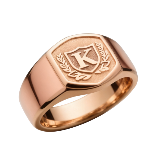 Anel de sinete em ouro rosa 10K sem pedra, com coroa de louros e inicial K para homem.