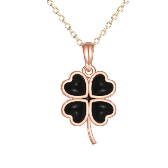 Hanger met klavertje vier van 10 karaat roségoud en onyx.