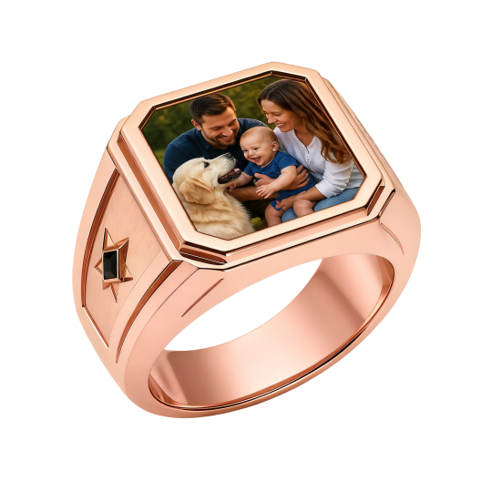 Anillo de sello para hombre de oro rosa de 10 quilates con ónix y foto personalizada para padre e hija, padre e hijo, padres e hijos.