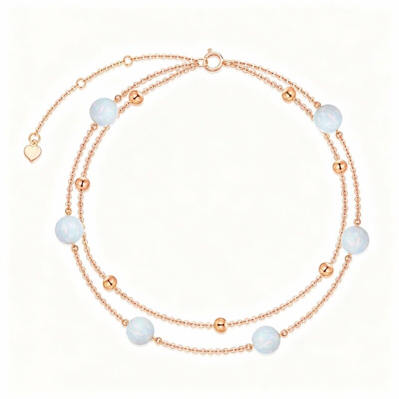 10K Rose Gold Opal Bead Multi-layered Charm Anklet-1