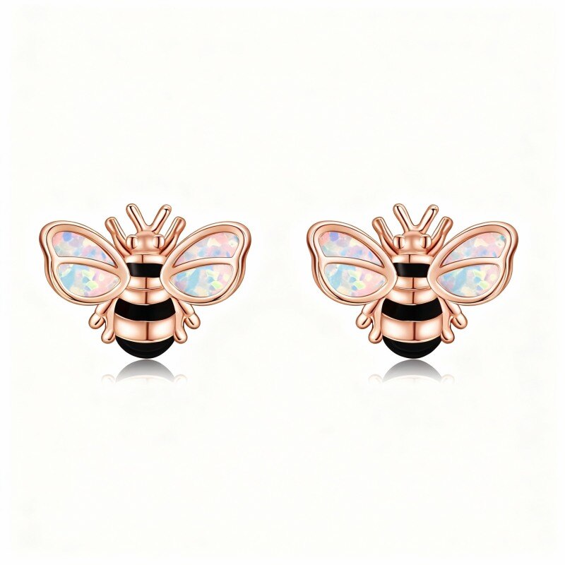 Pendientes de botón de abeja con ópalo en oro rosa de 18 quilates-1