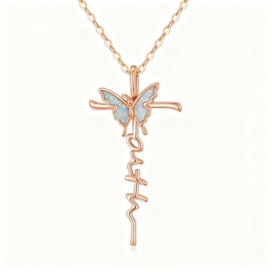 Halskette mit Anhänger aus 10-karätigem Roségold, bestehend aus Opal und Kreuz