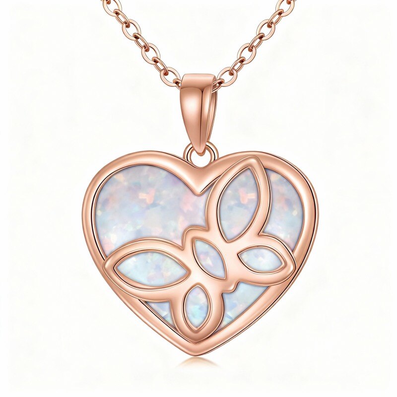 14K Rose Gold Opal Butterfly & Heart Pendant Necklace-1