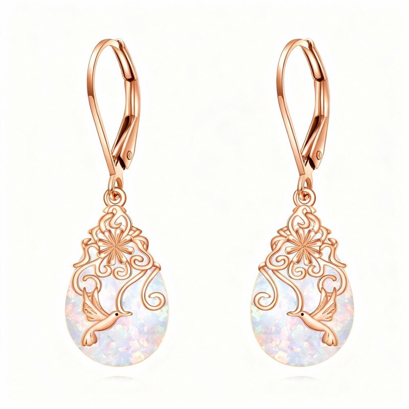 Boucles d'oreilles colibri en or rose 18 carats et opale, fermoir à levier-1