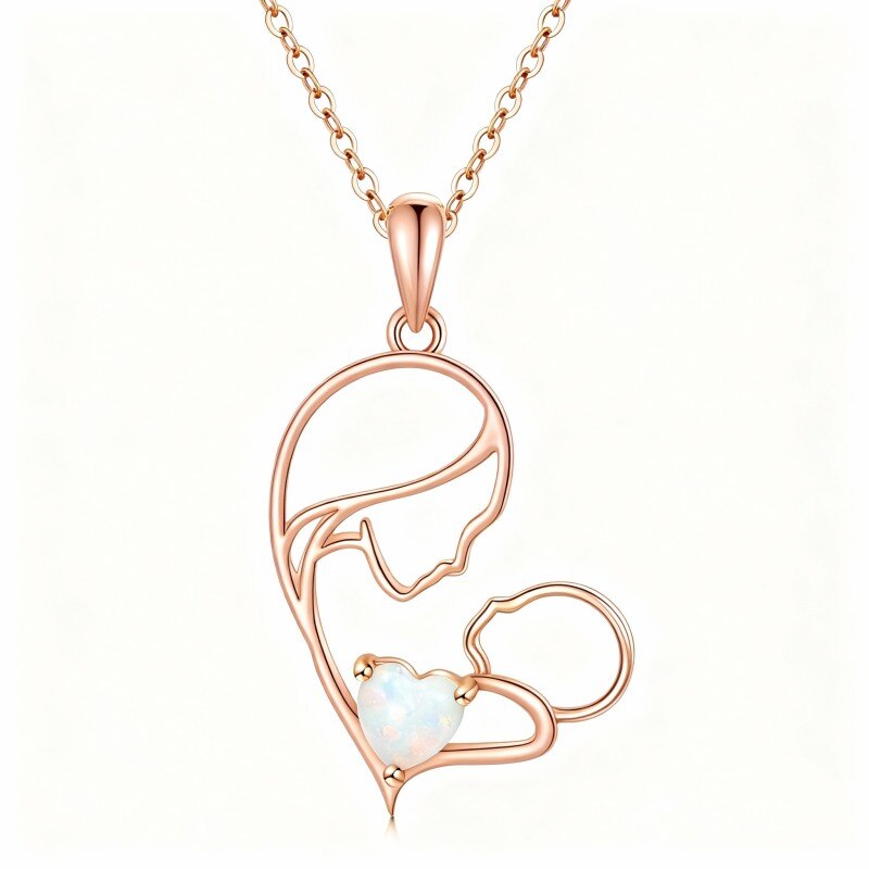 Collier pendentif en or rose 18 carats avec opale, mère et fille et cœur-1