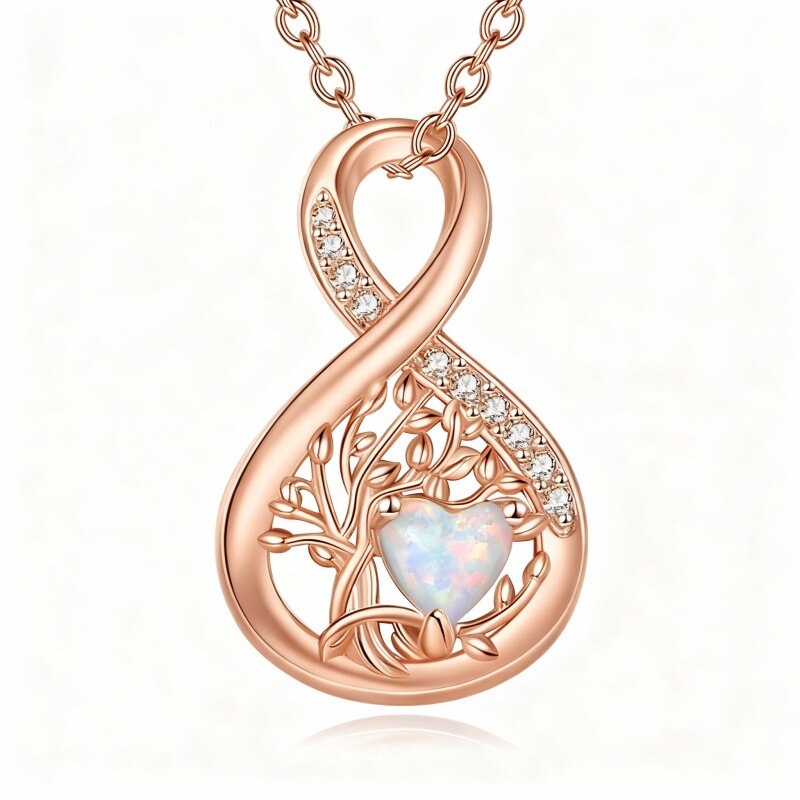 Collier pendentif Arbre de Vie et symbole de l'infini en or rose 10 carats et opale-1