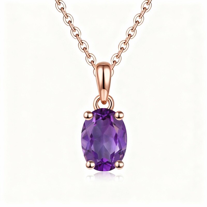 18K Rose Gold Oval Cut Amethyst Round Pendant Necklace-1