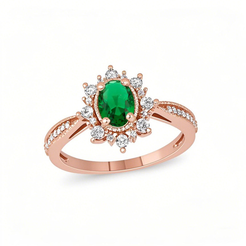 Anillo de compromiso en oro rosa de 10K, de 1 a 6 quilates, con talla ovalada, esmeralda y diamantes creados en laboratorio, enmarcado con diseño vintage de rayos solares y caña estrechándose hacia abajo.-9