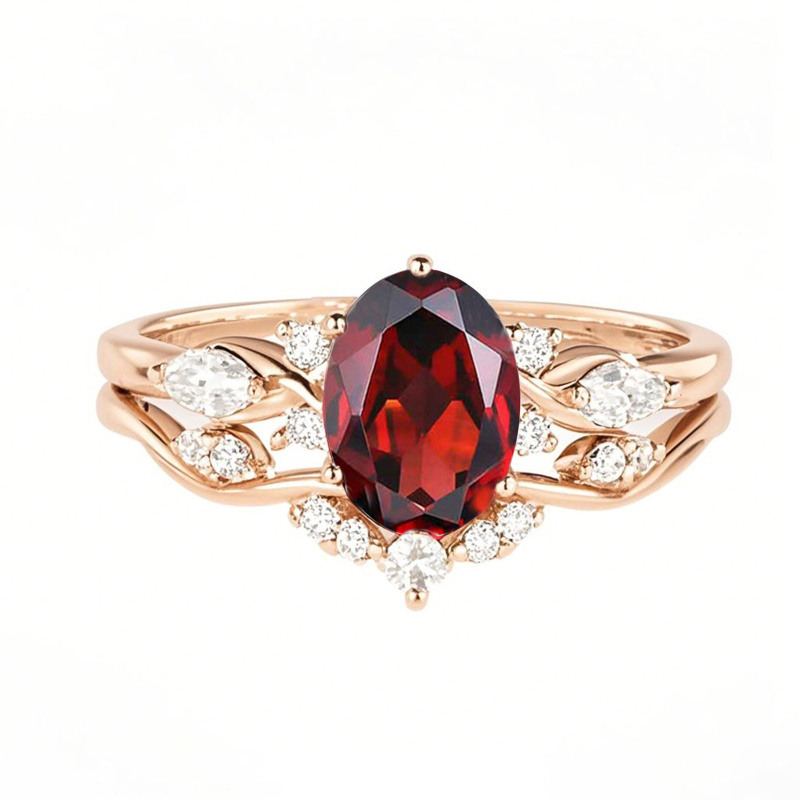Anillo de boda con gema ovalada y diamante de oro rosa de 18 quilates.-1
